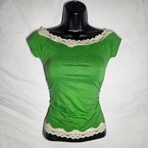 Vintage y2k green lace trim boat neck baby tee